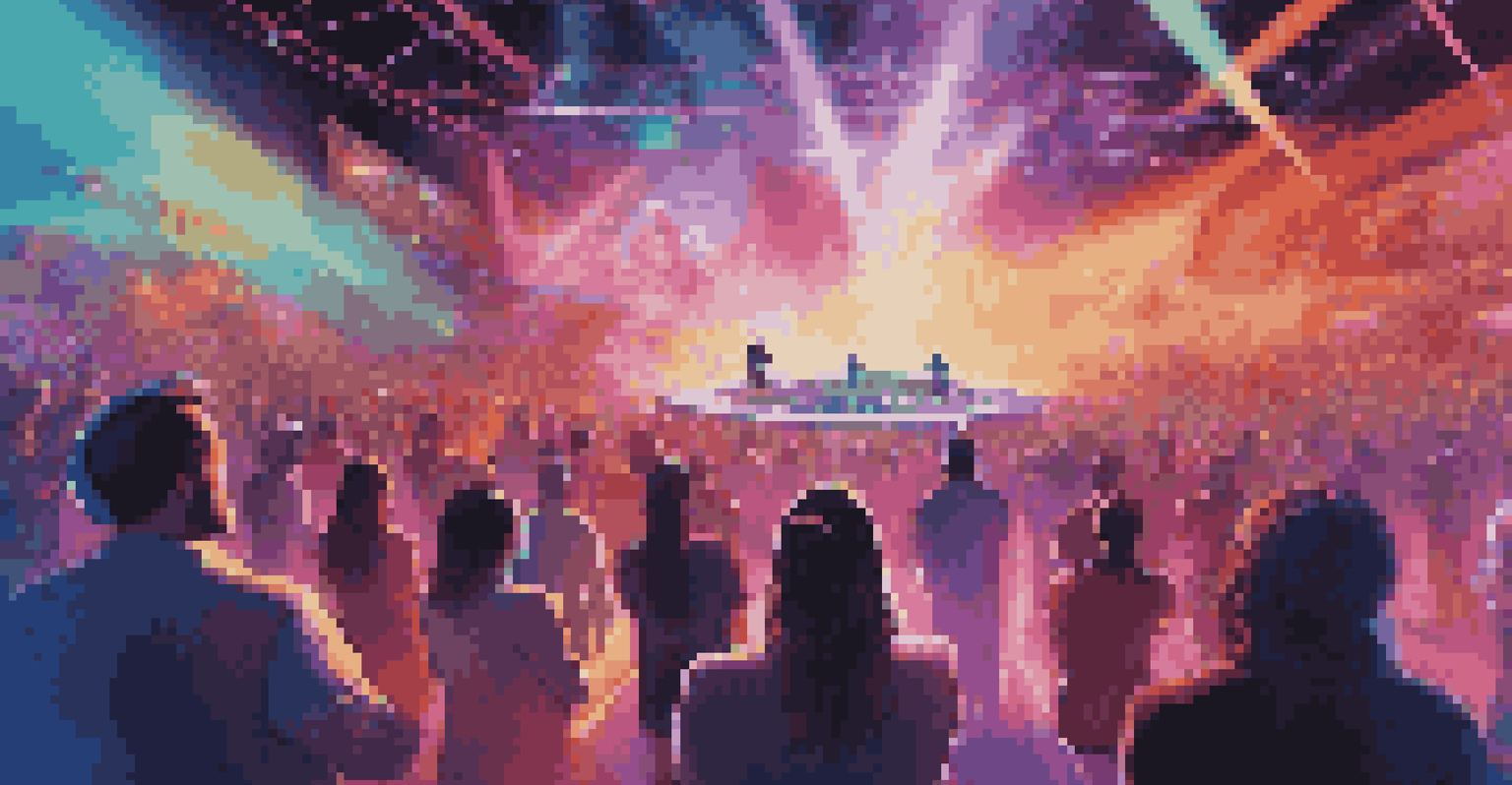 A futuristic virtual reality concert with an audience wearing VR headsets, immersed in a colorful and vibrant holographic performance.