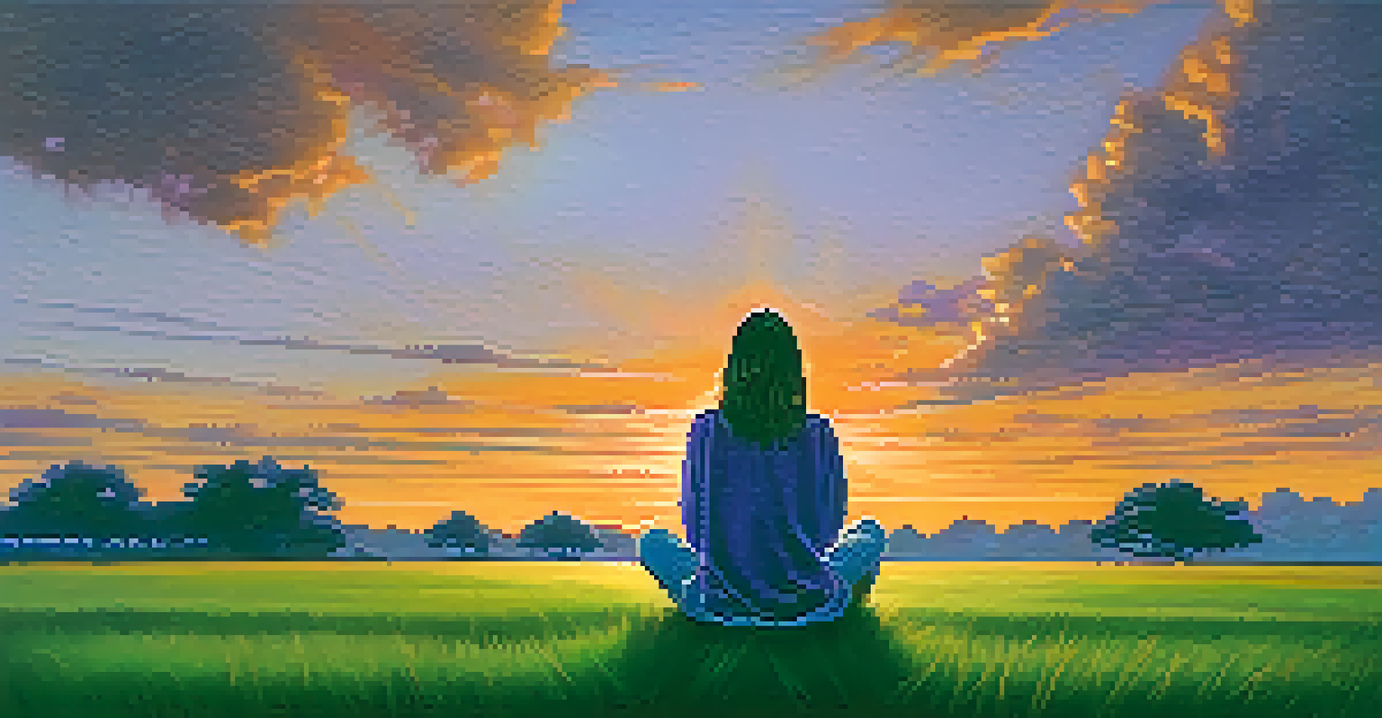A person meditating in a field at sunset, surrounded by colorful skies and nature.