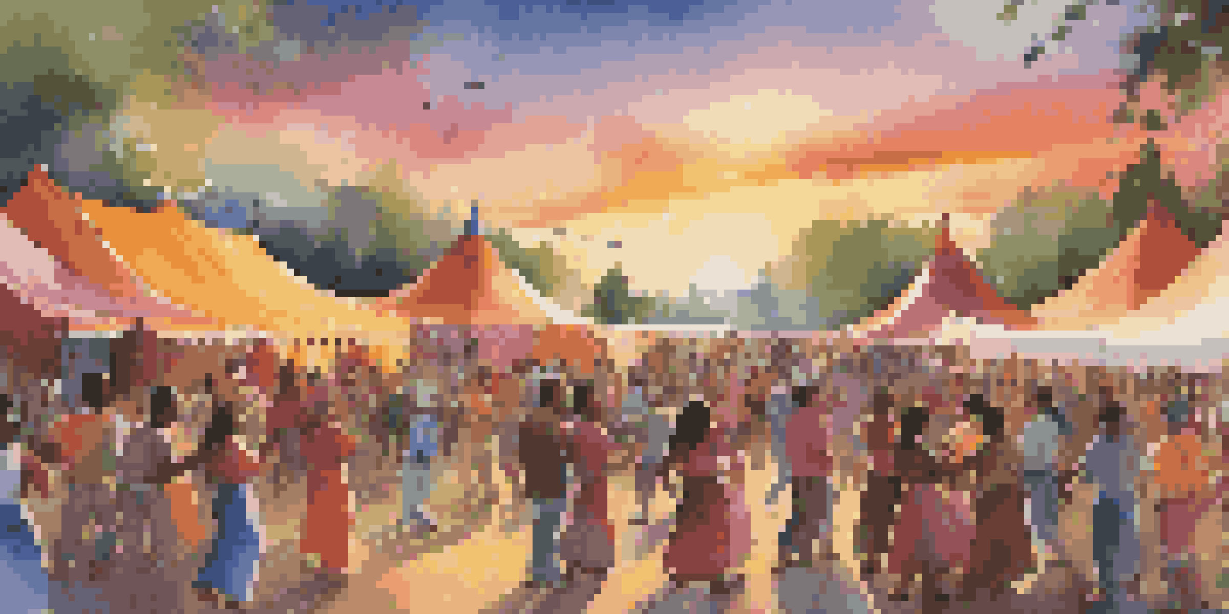A lively music festival with people of various ethnic backgrounds dancing and playing traditional instruments under a warm sunset.