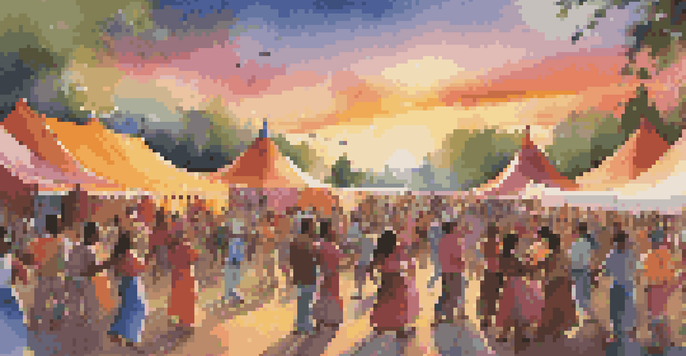 A lively music festival with people of various ethnic backgrounds dancing and playing traditional instruments under a warm sunset.