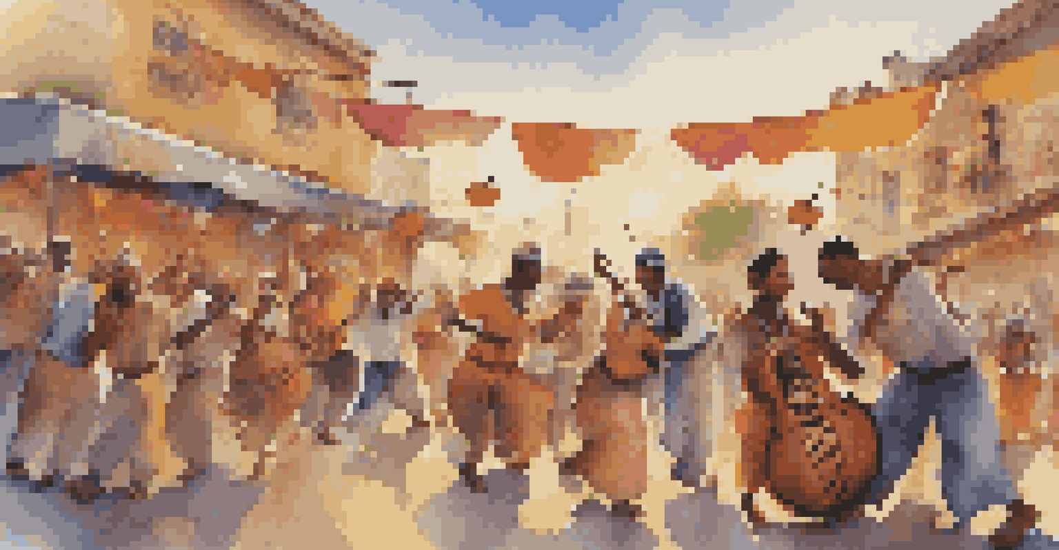 An outdoor festival with diverse musicians and a vibrant crowd, celebrating cultural identity through music.