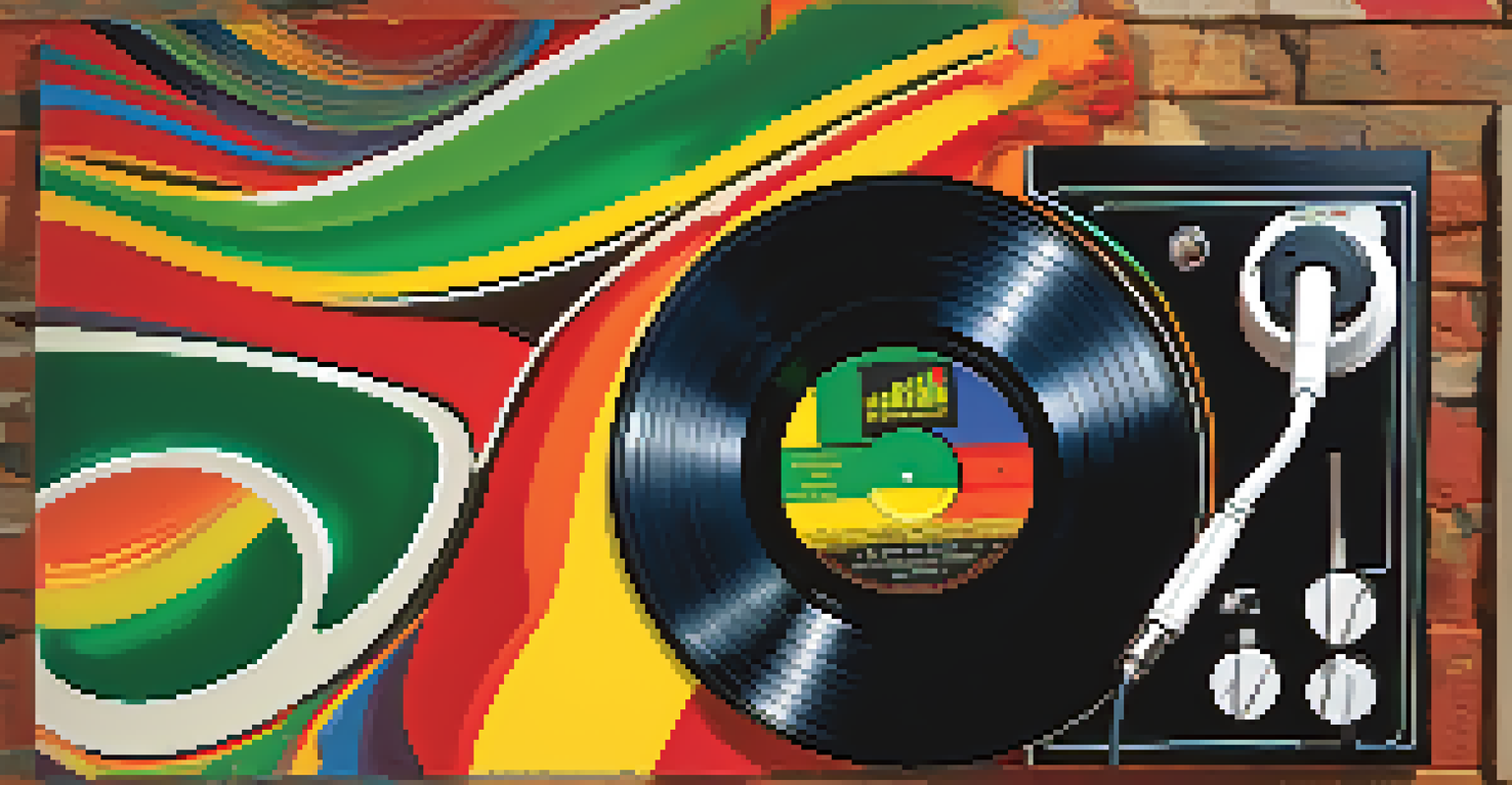 An artistic representation of reggae's influence on modern music with a vinyl record and abstract sound waves.