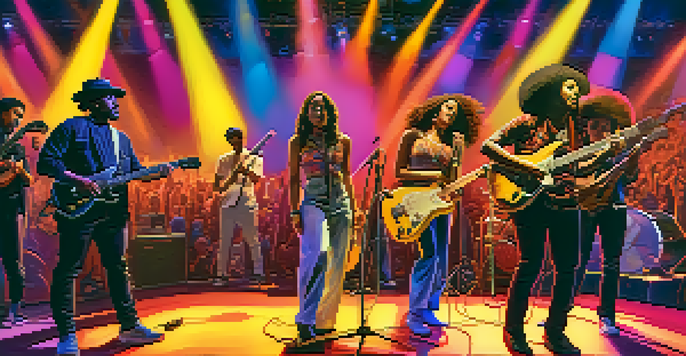 A lively concert with diverse musicians and an engaged audience, highlighting inclusivity in music.