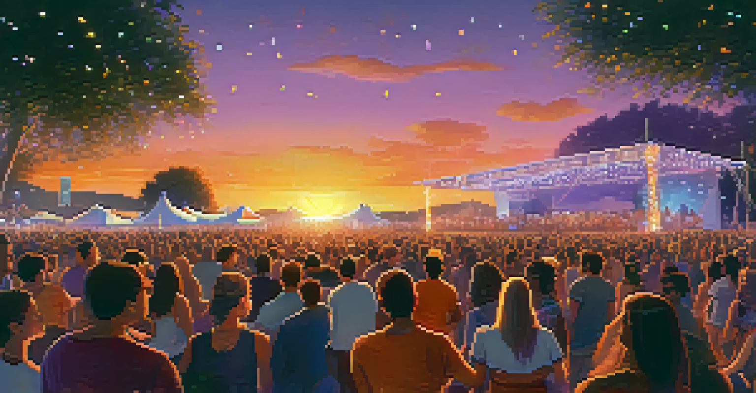 A sunset-drenched music festival scene with attendees around a stage illuminated by fairy lights.
