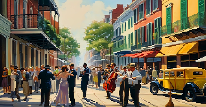 A lively street performance in New Orleans with musicians playing jazz, colorful buildings, and people dancing.