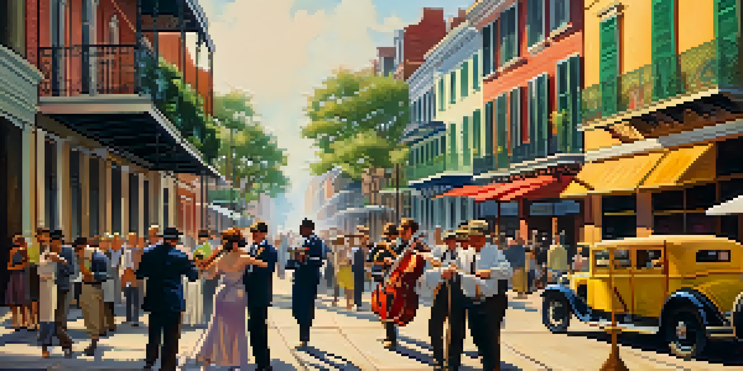 A lively street performance in New Orleans with musicians playing jazz, colorful buildings, and people dancing.