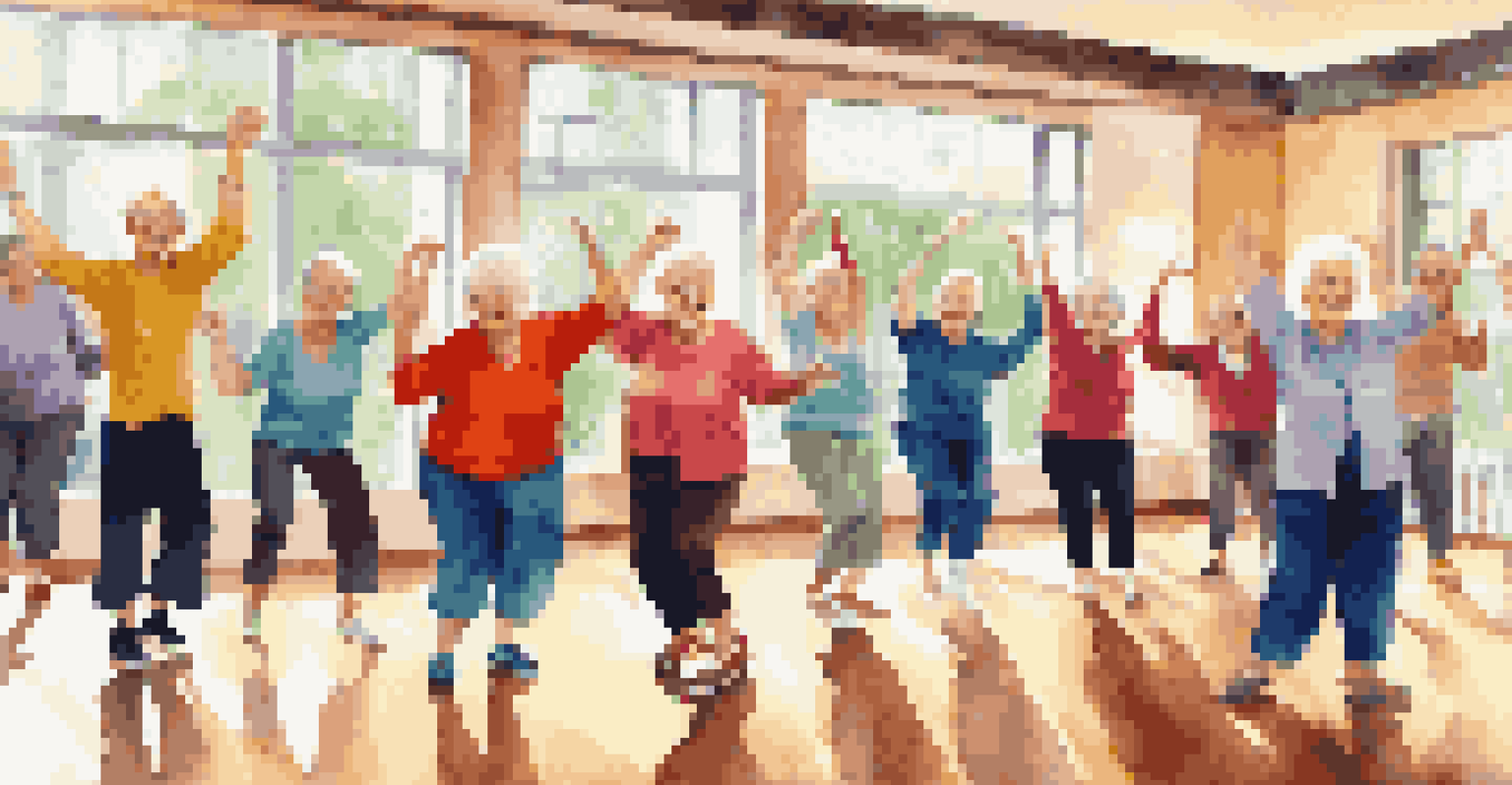 A vibrant dance class with seniors smiling and dancing, surrounded by colorful decorations and natural light.