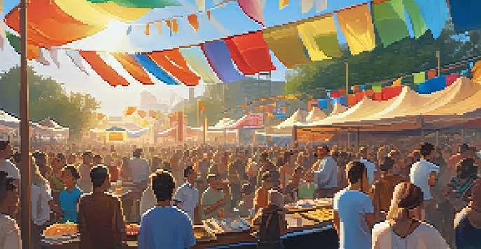 A colorful outdoor music festival with diverse attendees enjoying live performances, with food vendors in the foreground and a warm sunset in the background.