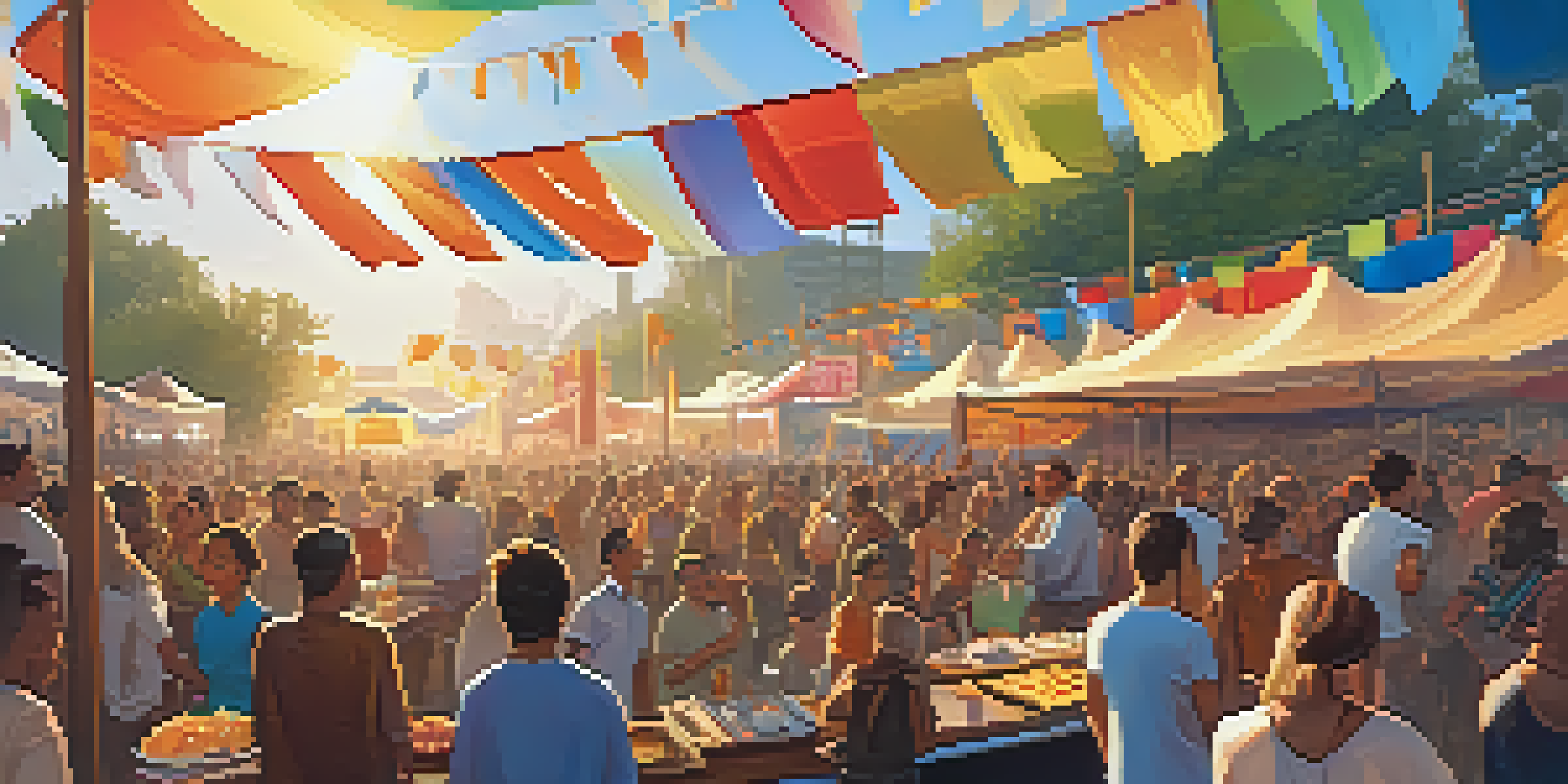 A colorful outdoor music festival with diverse attendees enjoying live performances, with food vendors in the foreground and a warm sunset in the background.