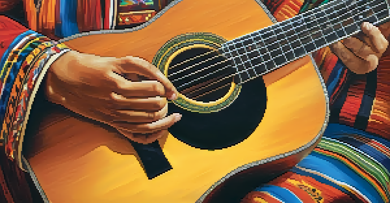 Close-up of a Latin pop artist's hands playing an acoustic guitar, with traditional instruments and colorful fabrics in the background.