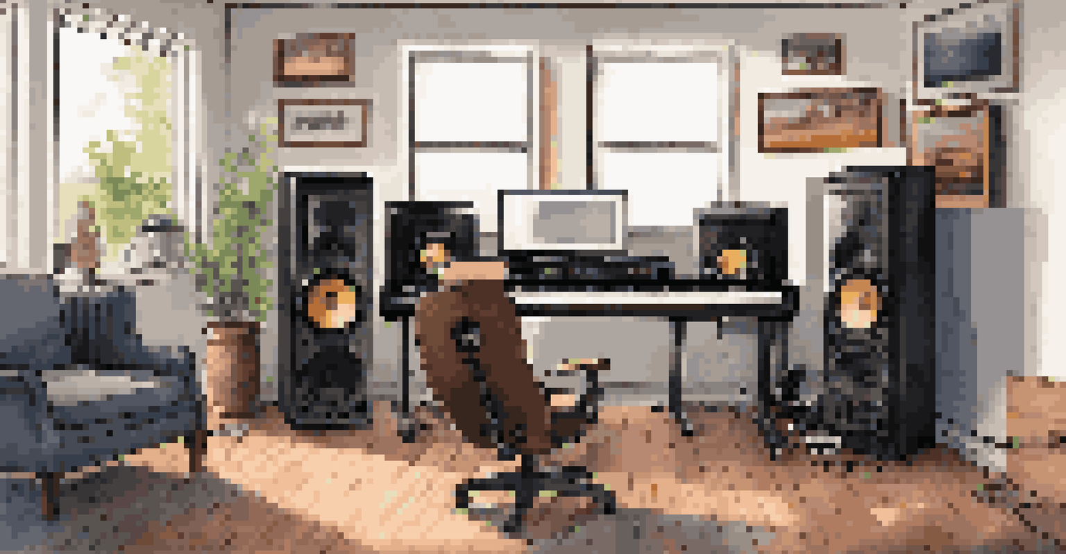 A contemporary home music studio with a computer, mixing equipment, and instruments like a guitar and keyboard, illuminated by natural light.