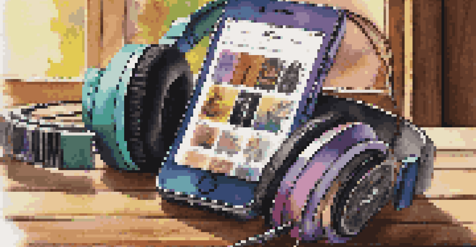 A smartphone displaying a colorful digital music playlist on a wooden table, with headphones and sunlight in the background.
