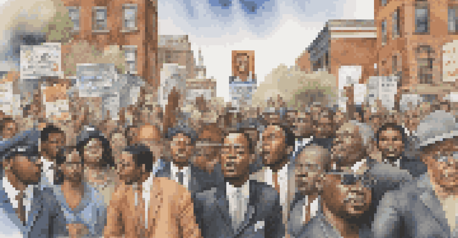 Montage of historic civil rights protests featuring musicians leading the crowd, showcasing banners and signs, with a diverse group of people united for justice in front of iconic landmarks.