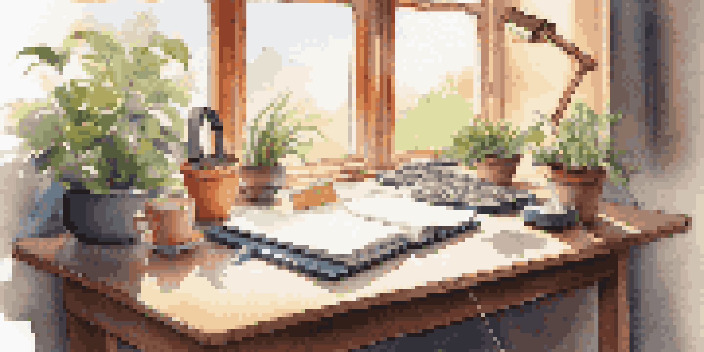 A peaceful study space with a wooden desk, an open notebook, colorful sticky notes, headphones, a potted plant, and a cup of tea, all bathed in soft sunlight.