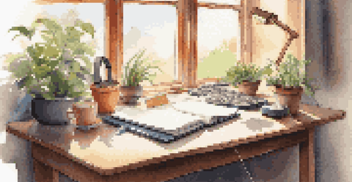 A peaceful study space with a wooden desk, an open notebook, colorful sticky notes, headphones, a potted plant, and a cup of tea, all bathed in soft sunlight.