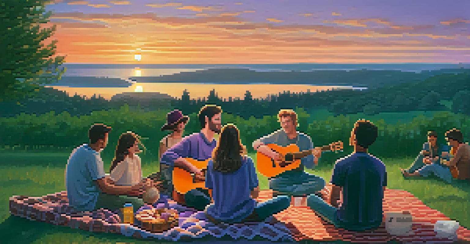 An outdoor picnic at sunset with friends enjoying snacks, drinks, and one person playing an acoustic guitar.