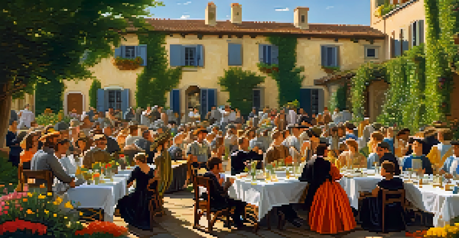 An outdoor Renaissance gathering with musicians performing in a garden, surrounded by flowers and an audience enjoying the music.