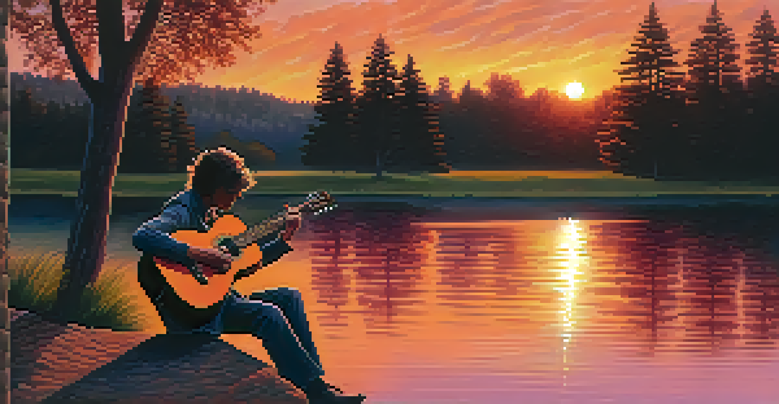 A guitarist playing at sunset by a lake, with vibrant colors in the sky and silhouettes of trees around.