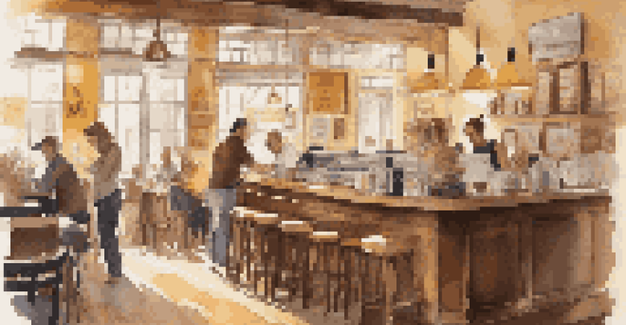 A bright and inviting coffee shop with wooden tables, vintage posters, and a barista making coffee, while patrons read music reviews on laptops.