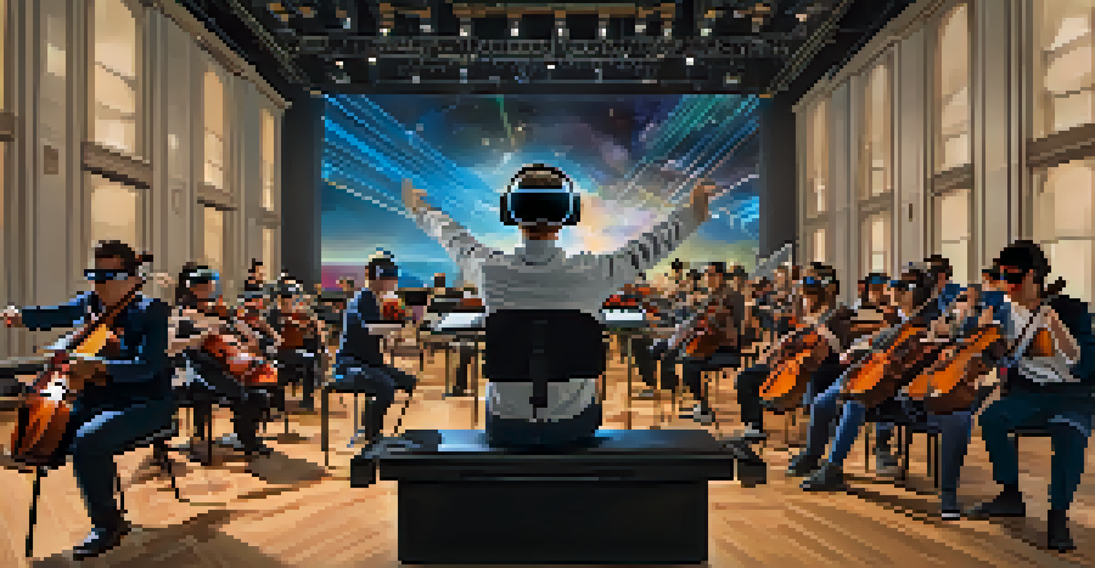 A student in virtual reality gear interacting with a 3D orchestra, showcasing the immersive experience of music education.