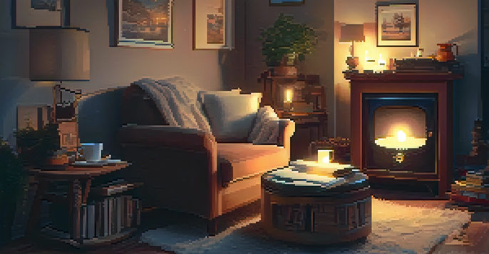 A cozy indoor setting with an armchair, pillows, a warm blanket, and a cup of tea, illuminated by soft candlelight and fairy lights, with a vintage record player in view.