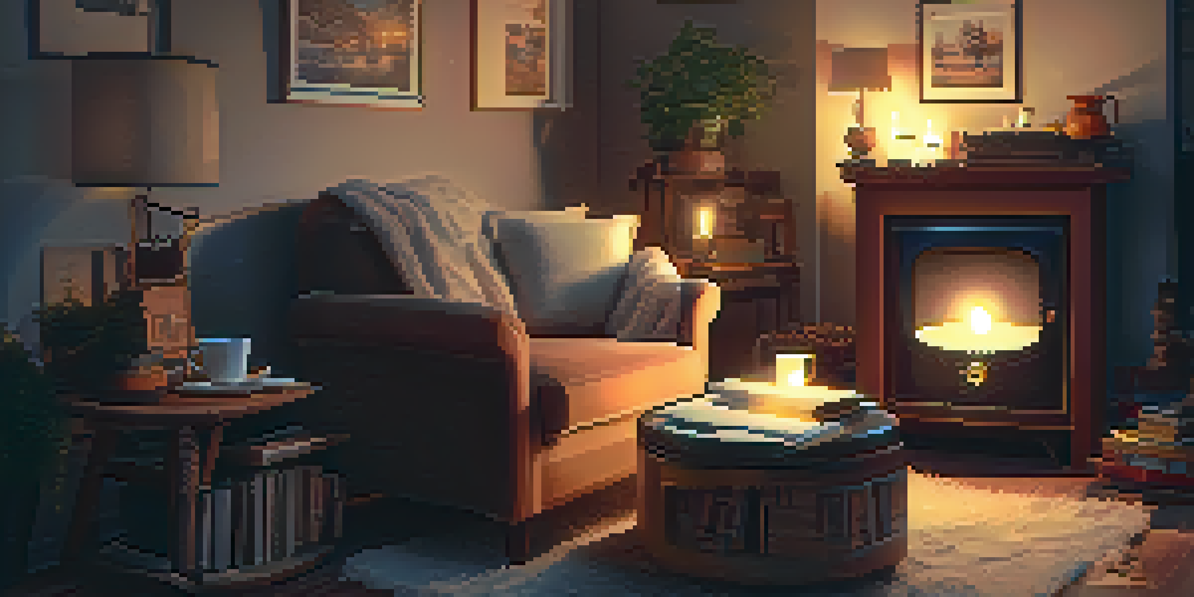 A cozy indoor setting with an armchair, pillows, a warm blanket, and a cup of tea, illuminated by soft candlelight and fairy lights, with a vintage record player in view.