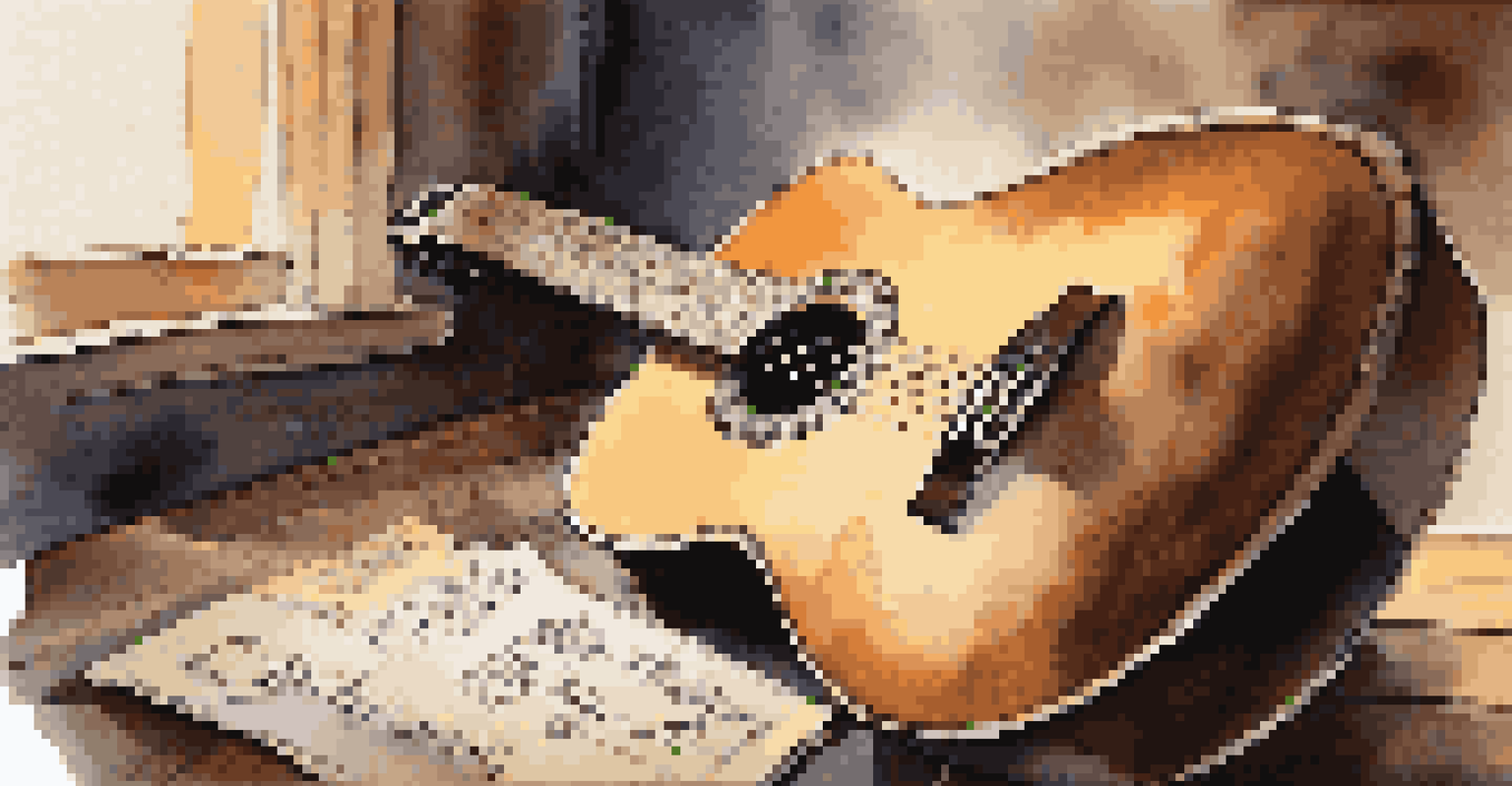 An acoustic guitar on a wooden stage, with sheet music scattered around and a soft spotlight illuminating the guitar strings.