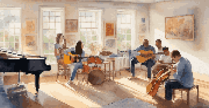 A bright music therapy room with people playing instruments and engaging in a group session, filled with sunlight and colorful art.