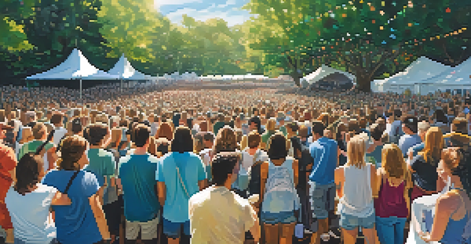 A lively outdoor concert with fans in eco-friendly merchandise, enjoying a performance under the sunlight.