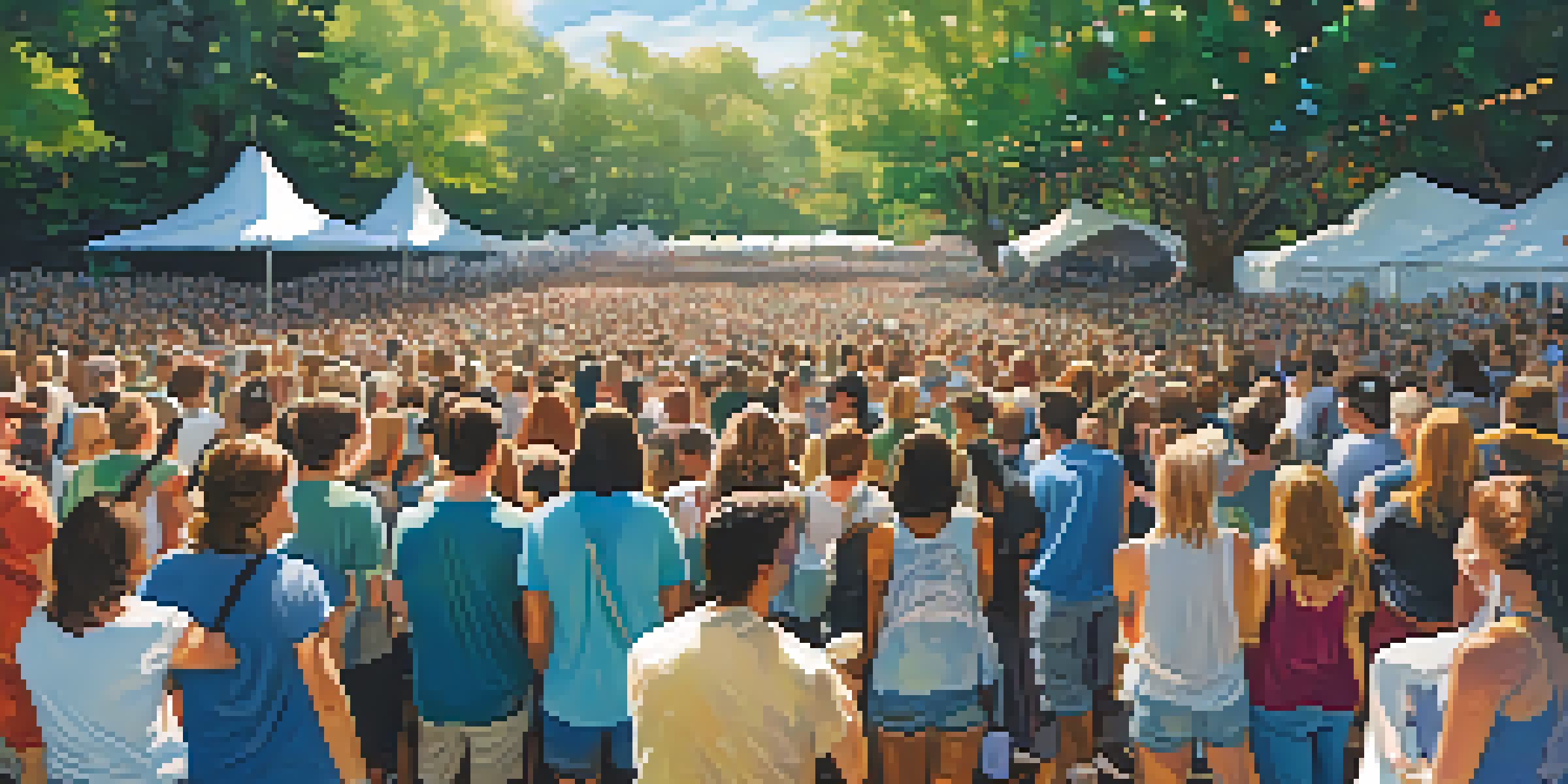 A lively outdoor concert with fans in eco-friendly merchandise, enjoying a performance under the sunlight.