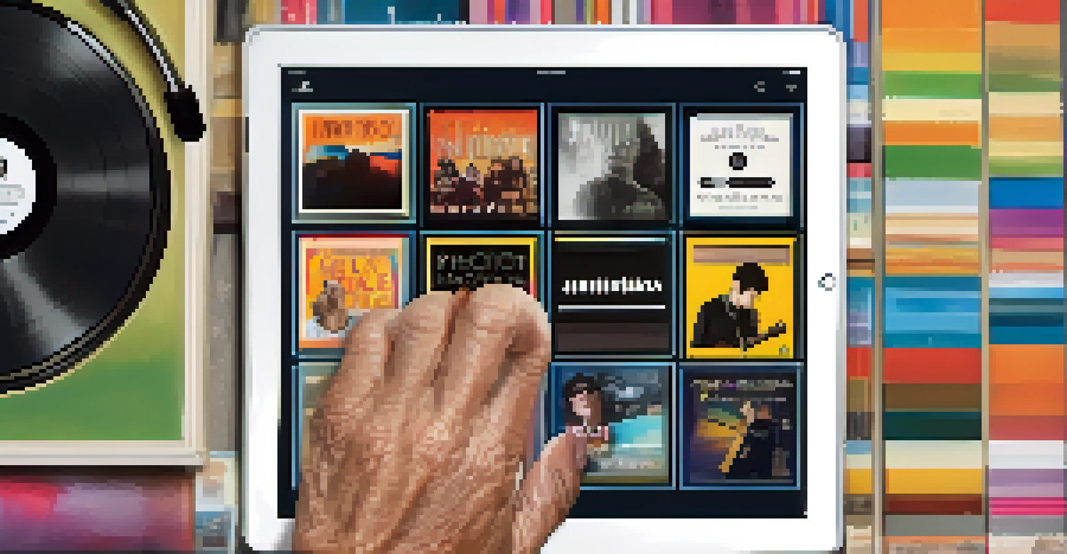 A close-up of a tablet displaying a personalized music playlist, with an elderly man enjoying music with headphones in the background.