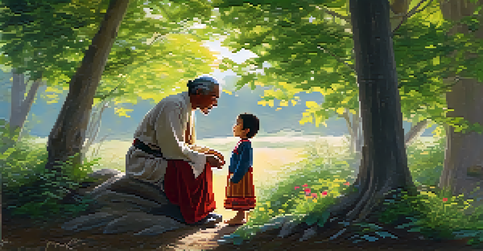 An elder teaching a young child traditional songs in a peaceful natural setting, surrounded by greenery and wildflowers.