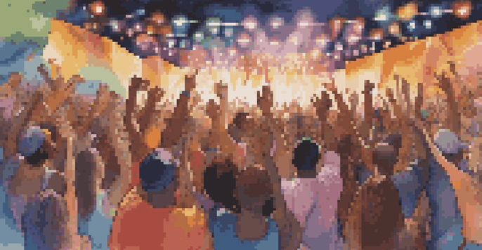 A diverse group of musicians performing on stage at a music festival with colorful lights and an engaged crowd.