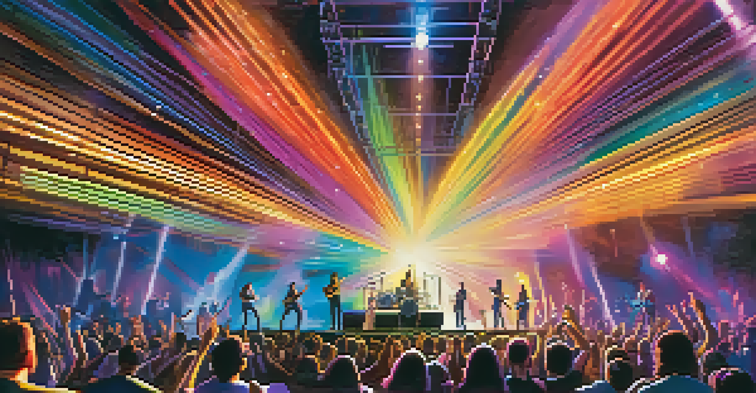 A lively concert scene with a band on stage, colorful lights, and an engaged audience dancing.