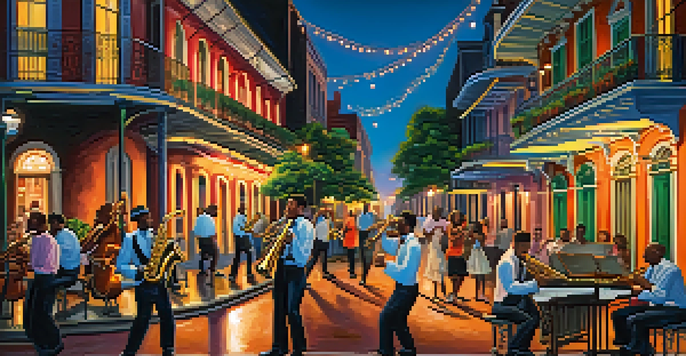 A lively jazz scene in New Orleans at dusk, with musicians playing and people dancing.