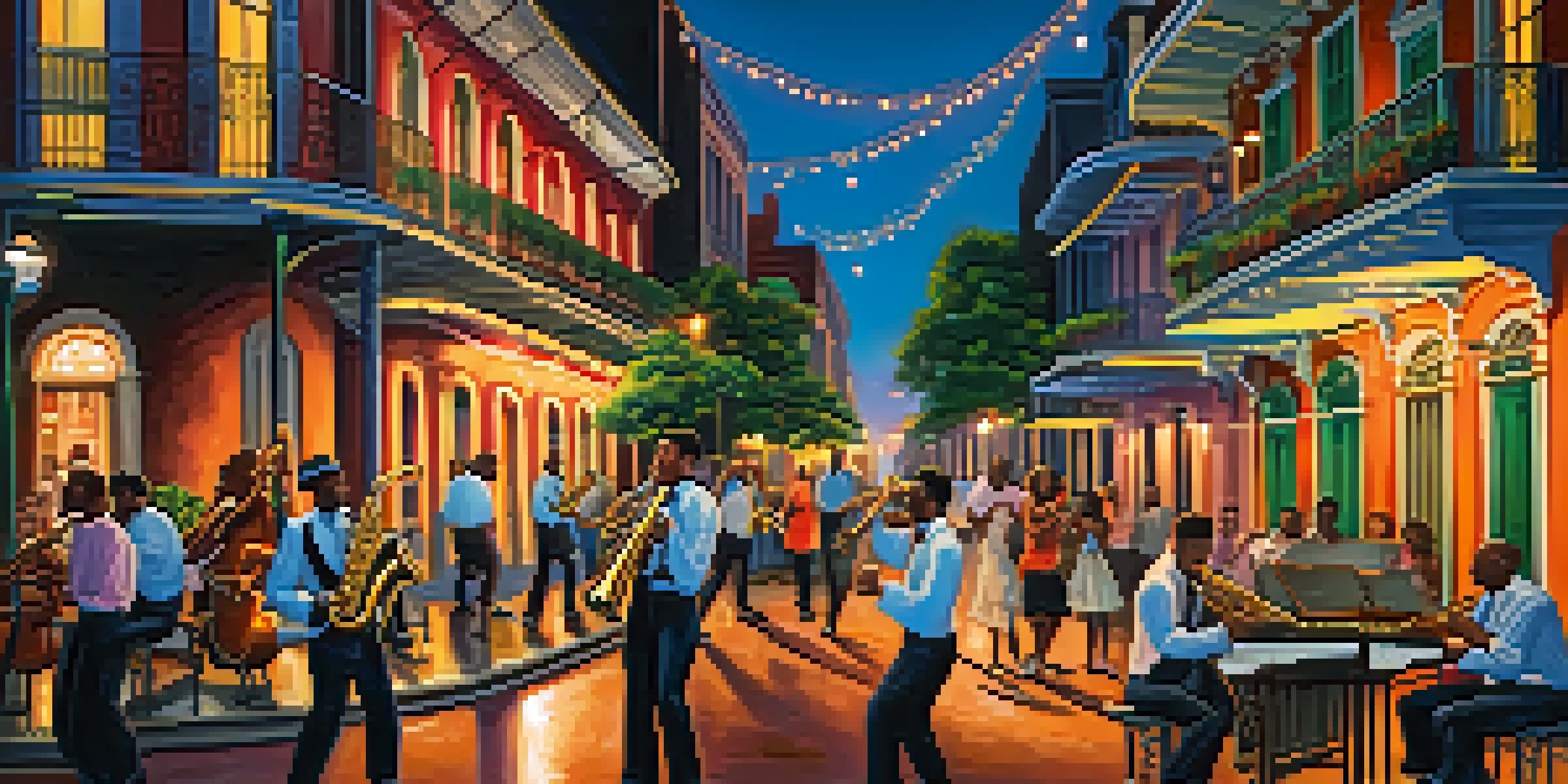 A lively jazz scene in New Orleans at dusk, with musicians playing and people dancing.