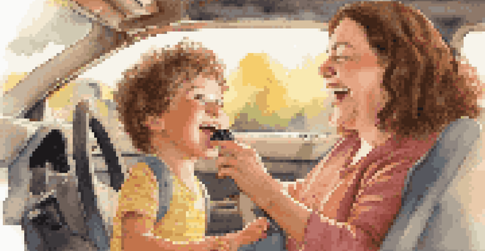 A parent and child singing together in a car, with sunlight shining inside, creating a joyful atmosphere.