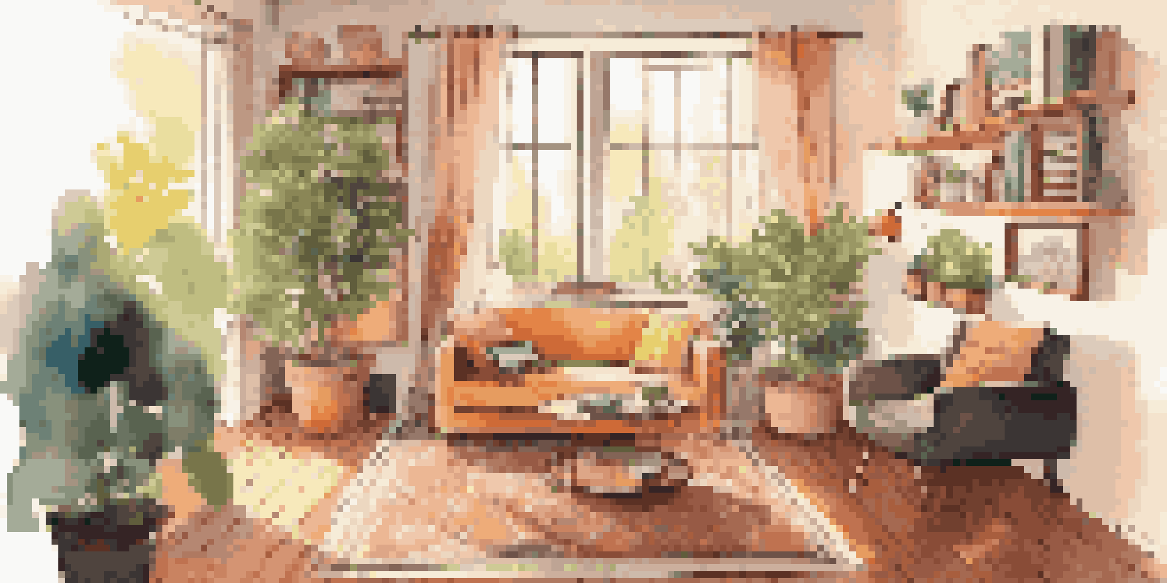 A cozy living room with a sofa, record player, and sunlight streaming through curtains.