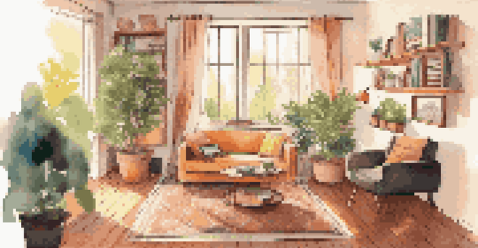 A cozy living room with a sofa, record player, and sunlight streaming through curtains.