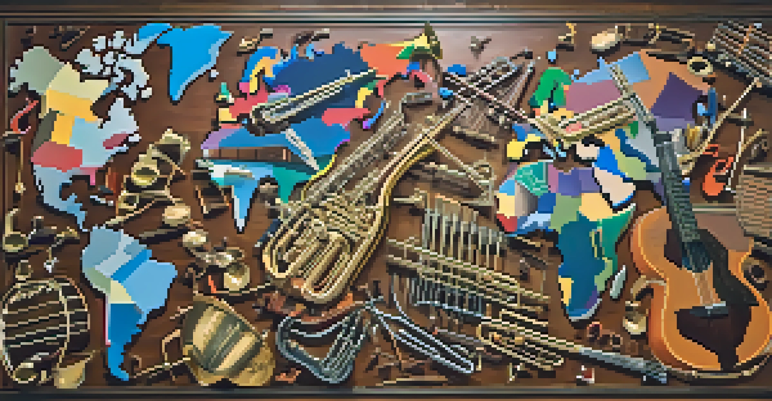 A world map crafted from musical instruments representing cultural diversity, surrounded by colorful musical notes.