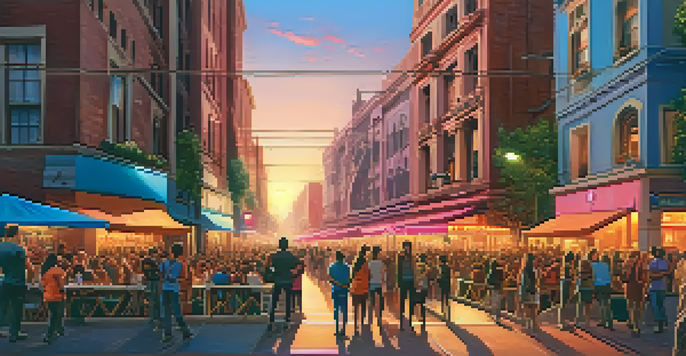 A lively urban scene at sunset with musicians performing on the street and crowds enjoying the music.