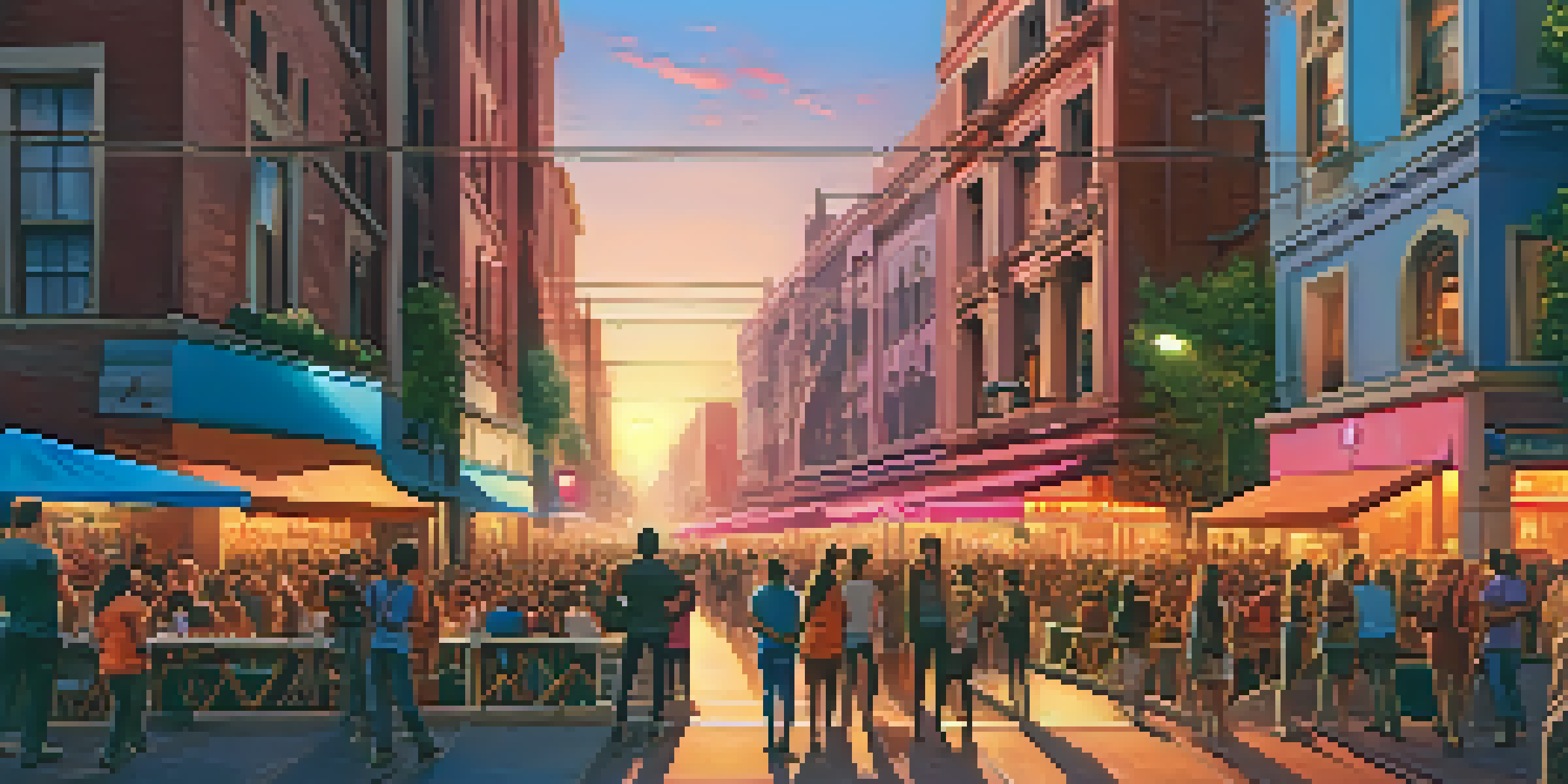 A lively urban scene at sunset with musicians performing on the street and crowds enjoying the music.