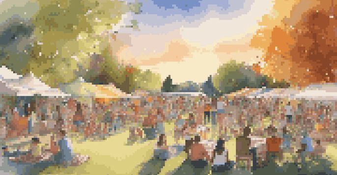 A lively park scene with people enjoying a live music performance, surrounded by colorful decorations and a sunset in the background.