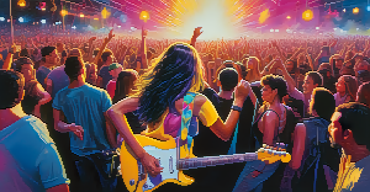 A lively outdoor music festival with a performer on stage playing electric guitar, surrounded by a vibrant crowd dancing under colorful lights.