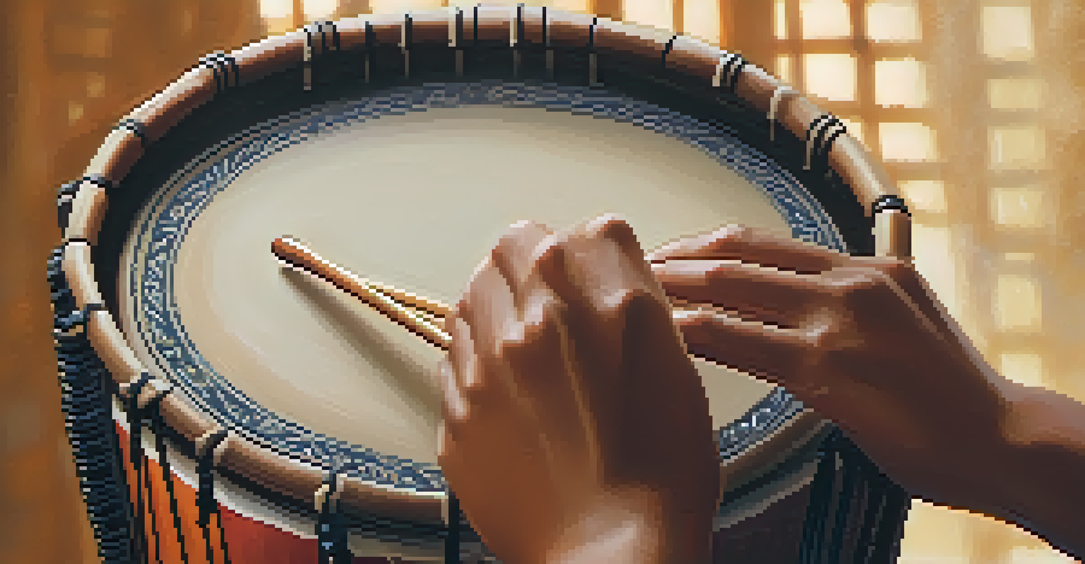 A close-up of a student's hands playing a traditional drum, highlighting the drum's texture and craftsmanship.