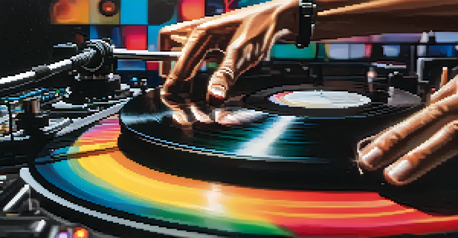 Close-up of a DJ's hands adjusting the tempo on a turntable with colorful soundwaves in the background.
