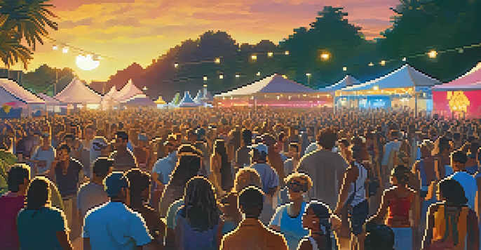A lively music festival with a diverse audience enjoying performances by artists from various cultures under colorful lights at sunset.