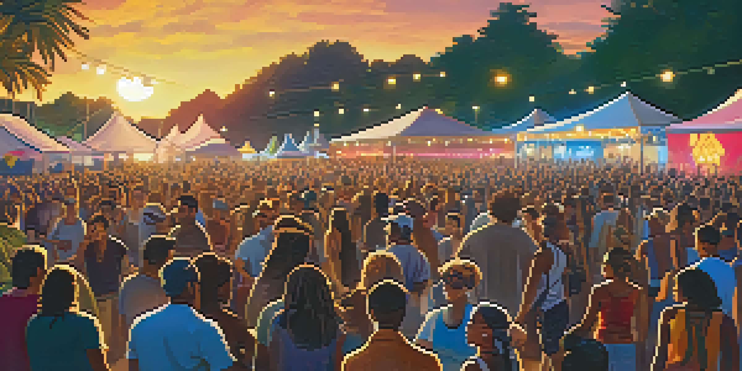 A lively music festival with a diverse audience enjoying performances by artists from various cultures under colorful lights at sunset.