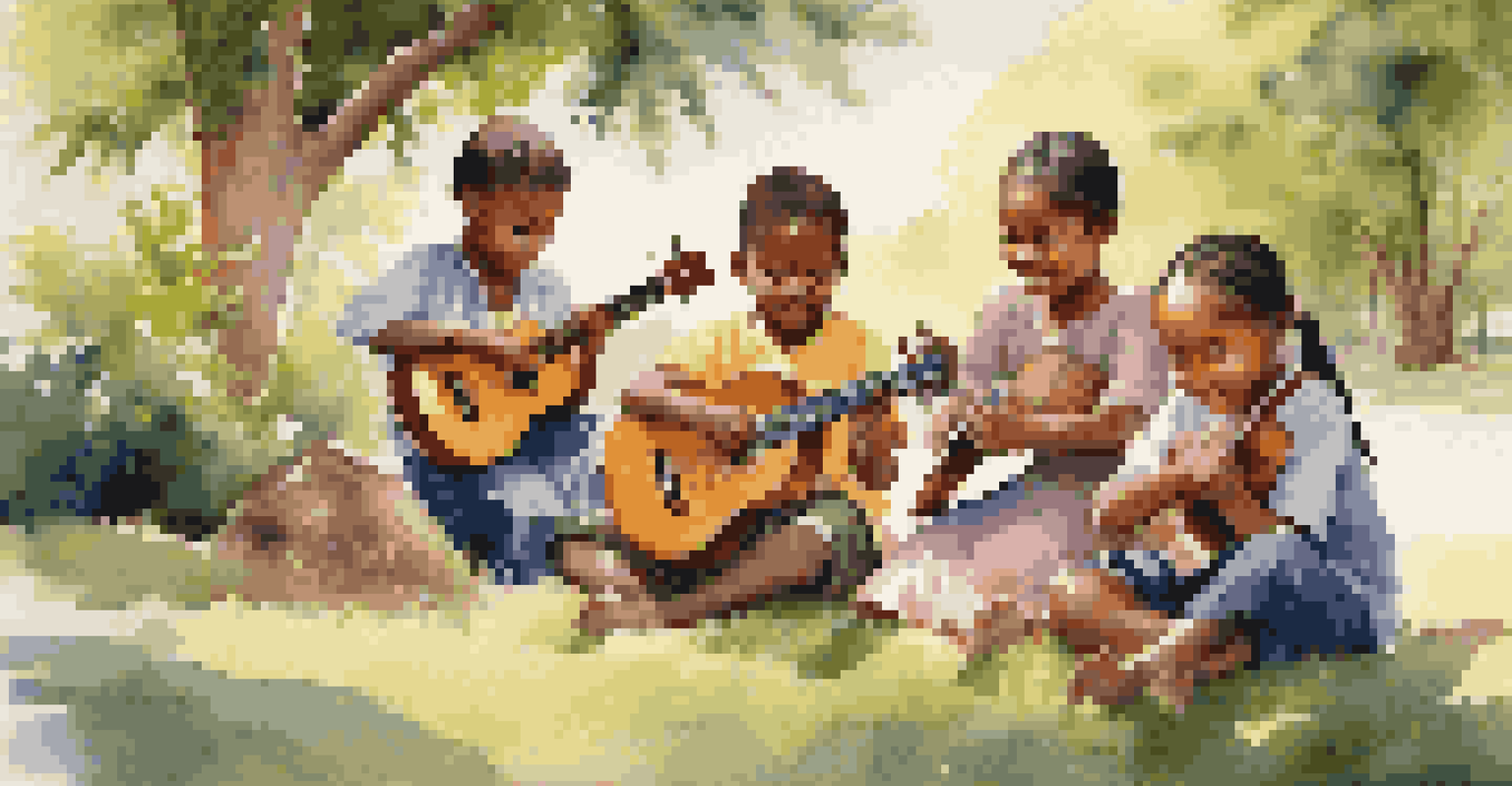 Children learning to play traditional instruments in a sunny park, showing their concentration and joy with lush greenery around.