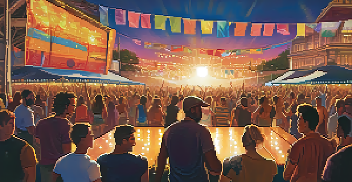A lively outdoor music festival with a diverse crowd dancing and enjoying live music under a colorful sunset.